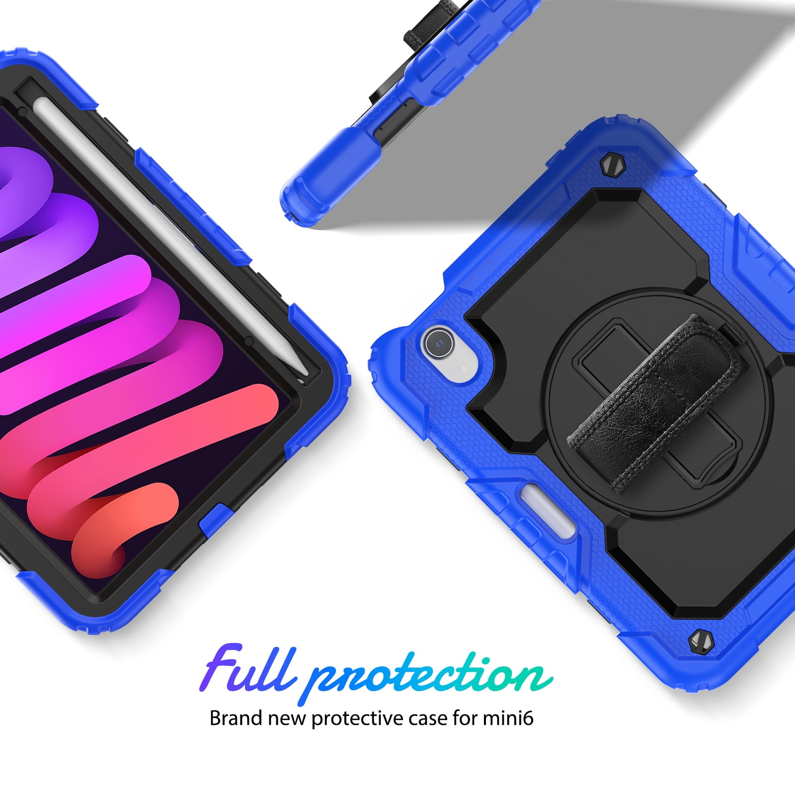 Shockproof Case for Apple iPad mini 6 /7 8.3" with Build In Screen Protector, Rugged Rotating Stand Shoulder Strap Pencil Holder Kids Friendly Bumper Case for Apple iPad mini 6/ Mini 7, Blue