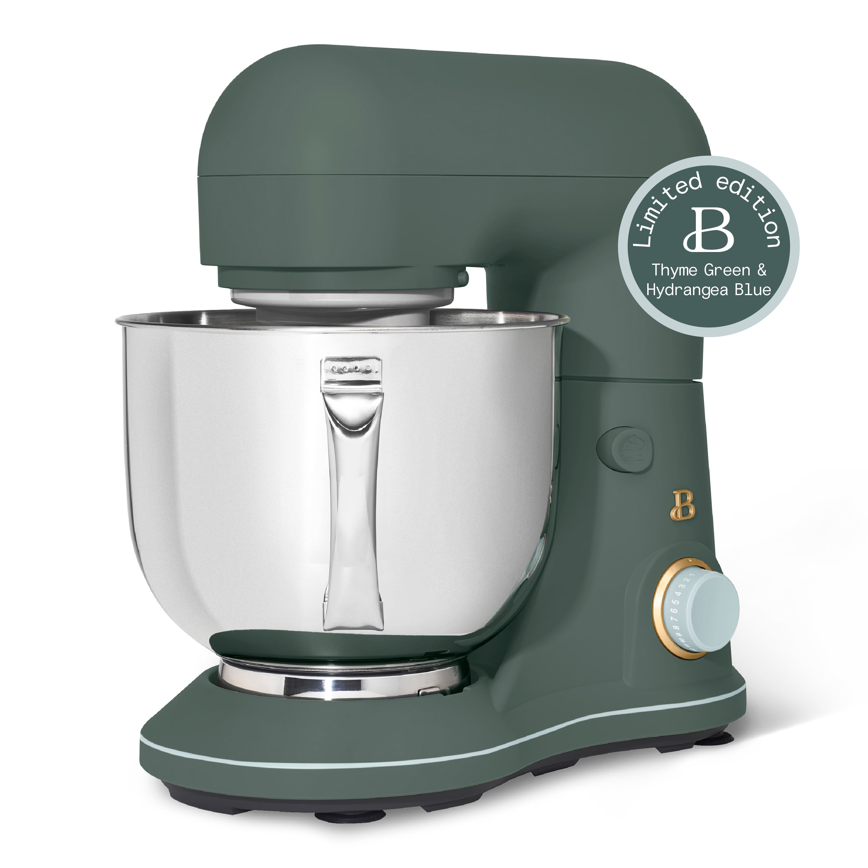 Beautiful 5.3 Qt Tilt-Head Stand Mixer with Flat Beater, Dough Hook & Balloon Whisk, Thyme Green and Hydrangea by Drew Barrymore