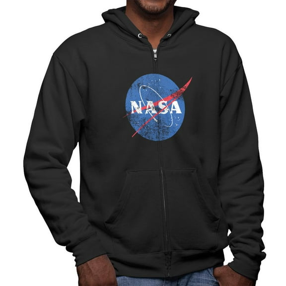 NASA Distressed Logo Mens Full Zip Hoodie Black 2XL