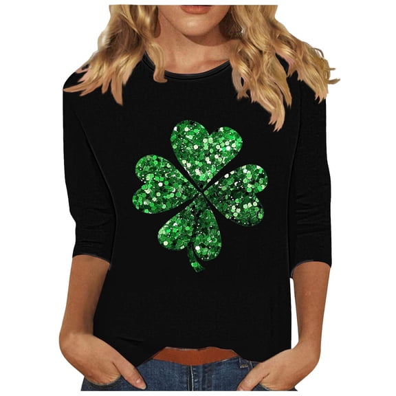 hotojiny St. Patrick's Day Shirt for Women Cute Print Plus Size Summer Tops Lightweight Crew Neck 3/4 Sleeve Work Party Tee Shirt