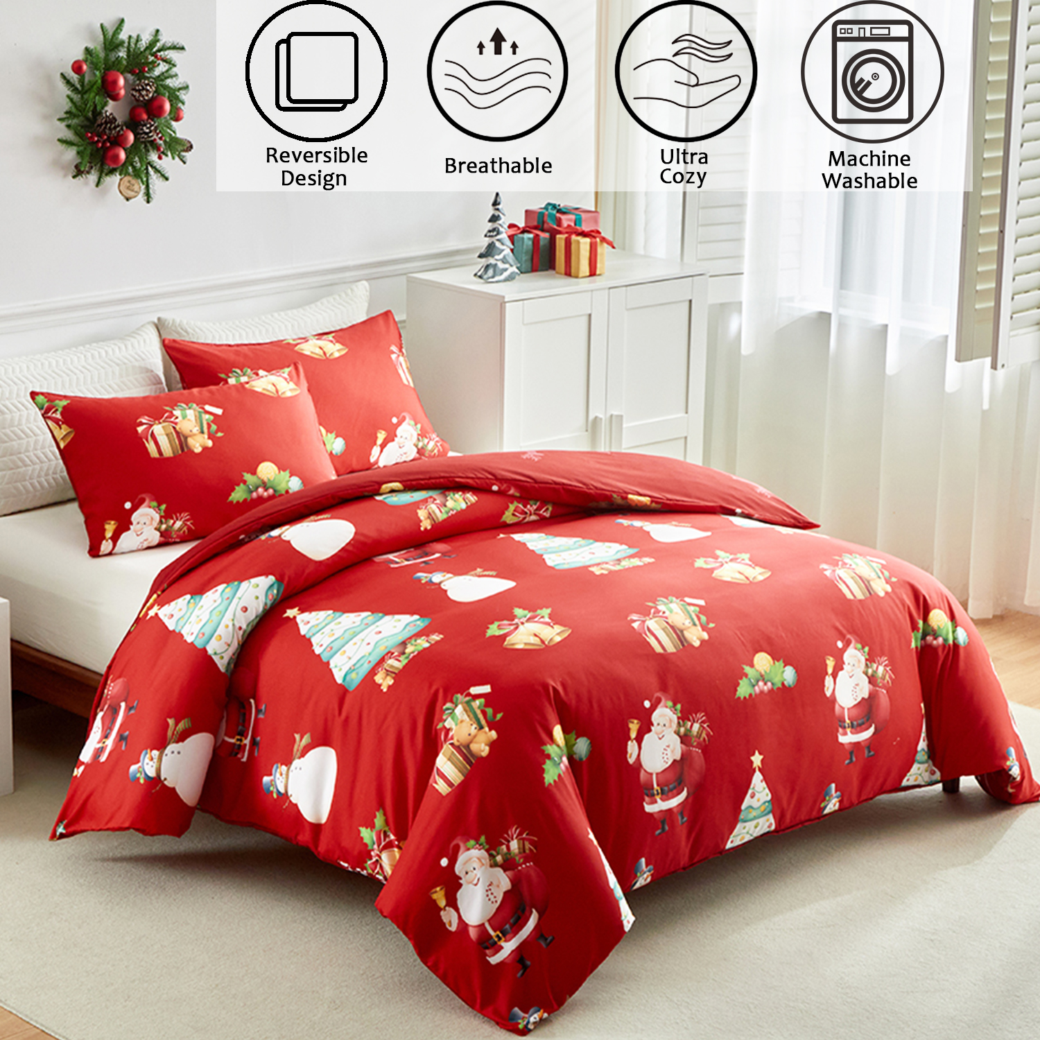 PERFEMET Merry Christmas Comforter Set 3Pcs Twin Size Red Santa Claus Elk Bedding Set for Boys Girls Xmas Tree Bell Bed Set for Christmas Decor 100% Soft Microfiber Quilt Set (Santa Claus, Twin)