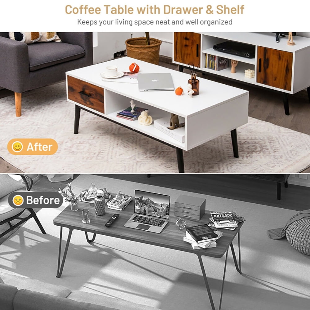 Finihen Wooden Coffee Table, Rectangular Coffee Table, Rectangular Wooden Coffee Table with Drawer and Open Storage Shelf, for Living Room, Reception Room, Office, White
