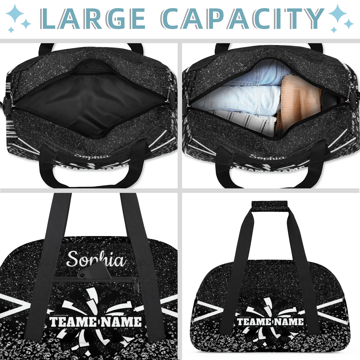 Jiaoprinted Personalized Cheer Bag, Custom Cheerleader Gym Bag Sport Duffel Bag, Customize Travel Overnight Weekender Bags, Cheerleading Gifts, Black Glitter