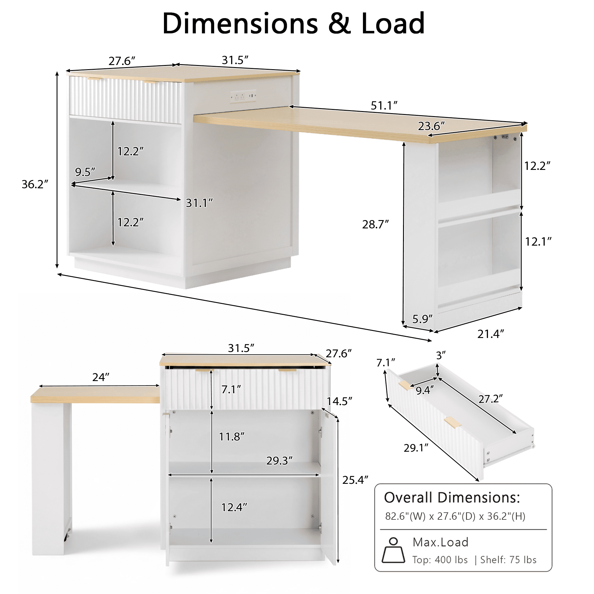 Harper & Bright Designs Fluted Kitchen Island with Extendable Dining Table for 4-6, Island Table for Kitchen with Power Outlet, Kitchen Table with Double-Side Storage and 2 Side Open Shelves, White