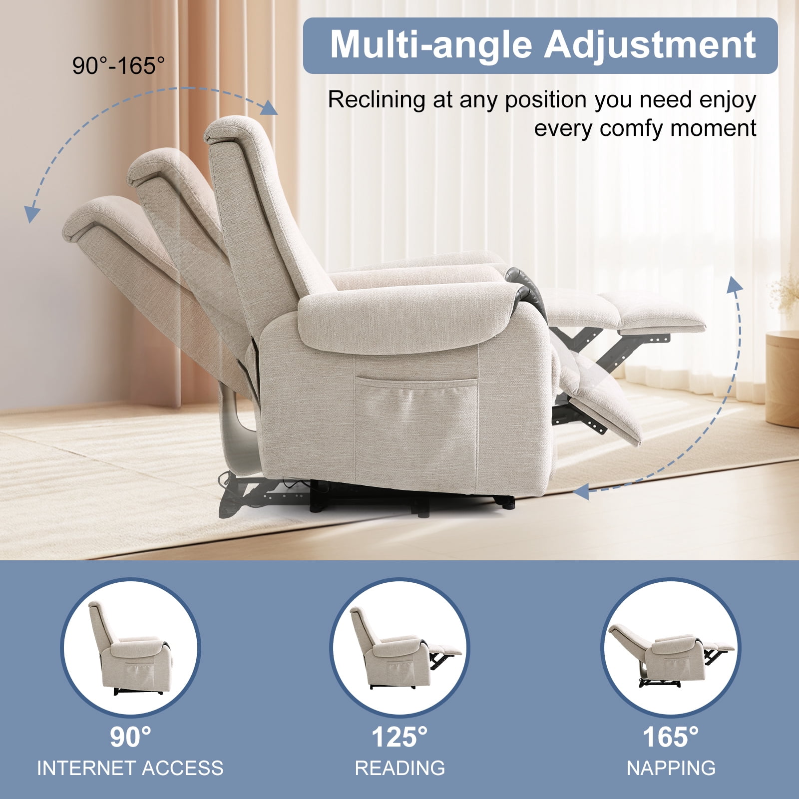 MERITLIFE Chenille Fabric Massage Recliner with Adjustable Headrest and Lumbar Support, Beige