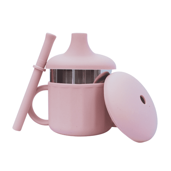 Baby 3-in-1 Silicone Training Cup with Straw, Snack Lid & Sippy Lid – Stainless Steel Core – Spill-Resistant & BPA-Free – Pink