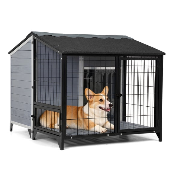 COZIWOW 2-in-1 Outdoor Dog House, Weatherproof Dog Shelter, Aluminum & Wooden Dog Cage with Built-in Crate, Feeding Door, Lift-Open Top & Vent for Small Medium Dogs, Gray