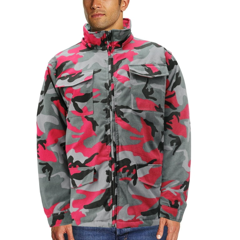 Men s Heavyweight Army Hunting Camo Removable Hood Quilted Insulated Jacket Red Grey Camo 3XL