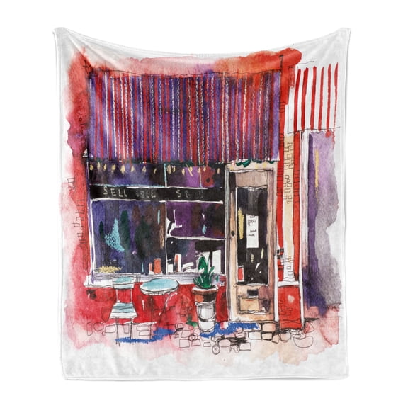 Colorful Soft Flannel Fleece Throw Blanket, Vintage Watercolor Illustrated Scenic Street Cafe House Exterior Composition, Cozy Plush for Indoor and Outdoor Use, 50" x 60", Multicolor, by Ambesonne
