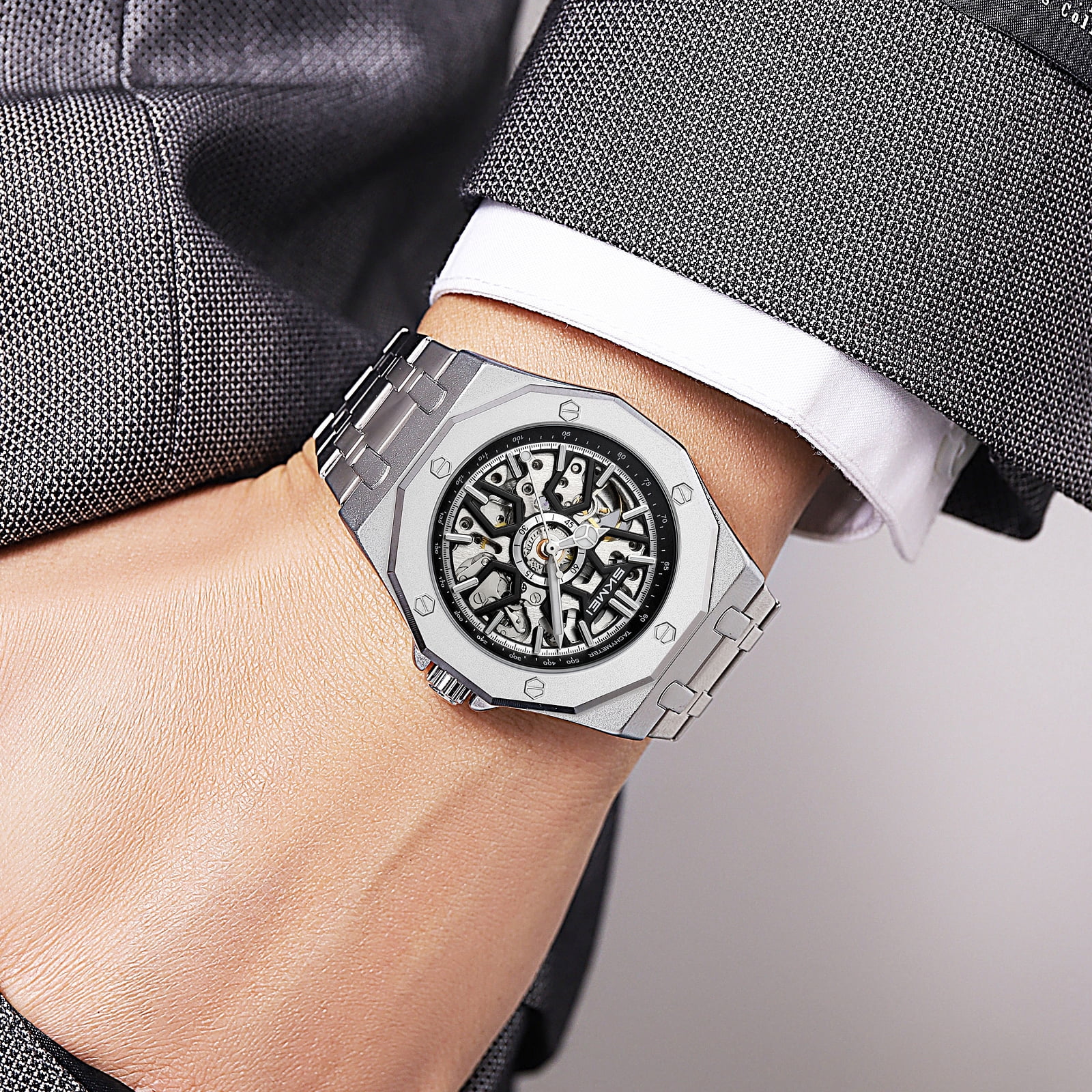 SKMEI Mens Luxury Skeleton Automatic Mechanical Wrist Watches Business Leisure Waterproof Luminous Pointer Self-Winding Wrist Watch