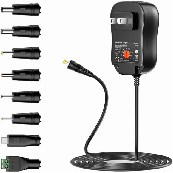 Belker 45W 5V 6V 7.5V 9V 12V 13.5V 15V Universal AC DC Power Supply Adapter for Household Electronics LED Light Strip - 1A 2A 3A 3000mA Amp - Fast USB Port 5V 2A Max. A