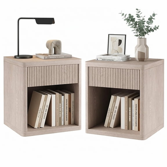 CONCETTA Nightstands Set of 2 with Drawer and Open Shelf, Mid Century Fluted End Table for Bedroom, Living Room and Office, White Oak