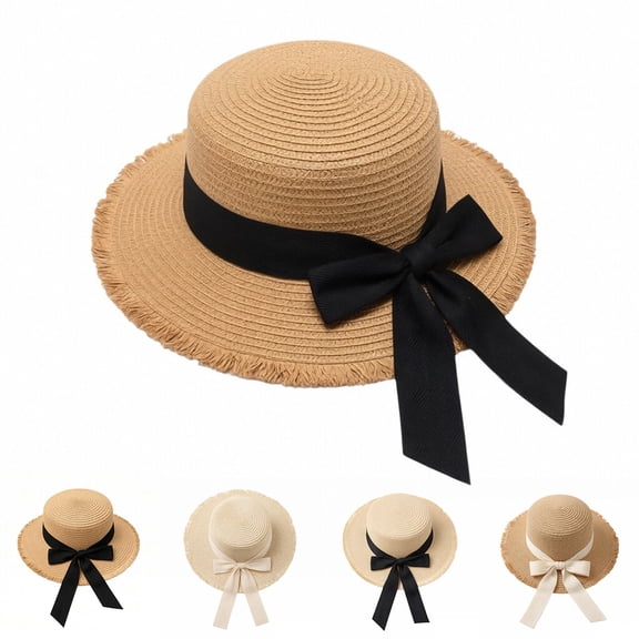 Helii Women Flat Top Straw Wide Brim Sun Hat Boater with Ribbon Bow and Long Streamers, Frayed Edge Floppy Beach Hat Linen Like Woven Breathable Foldable Panama Fedora Cap B,One Size