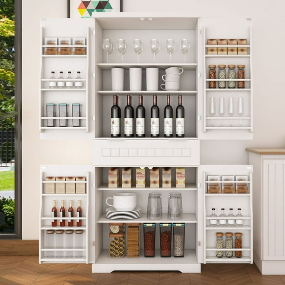 S-HOME Tall Pantry Cabinet In White With Adjustable Shelves And Drawer, 71.65 Inches Freestanding Kitchen Storage Solution