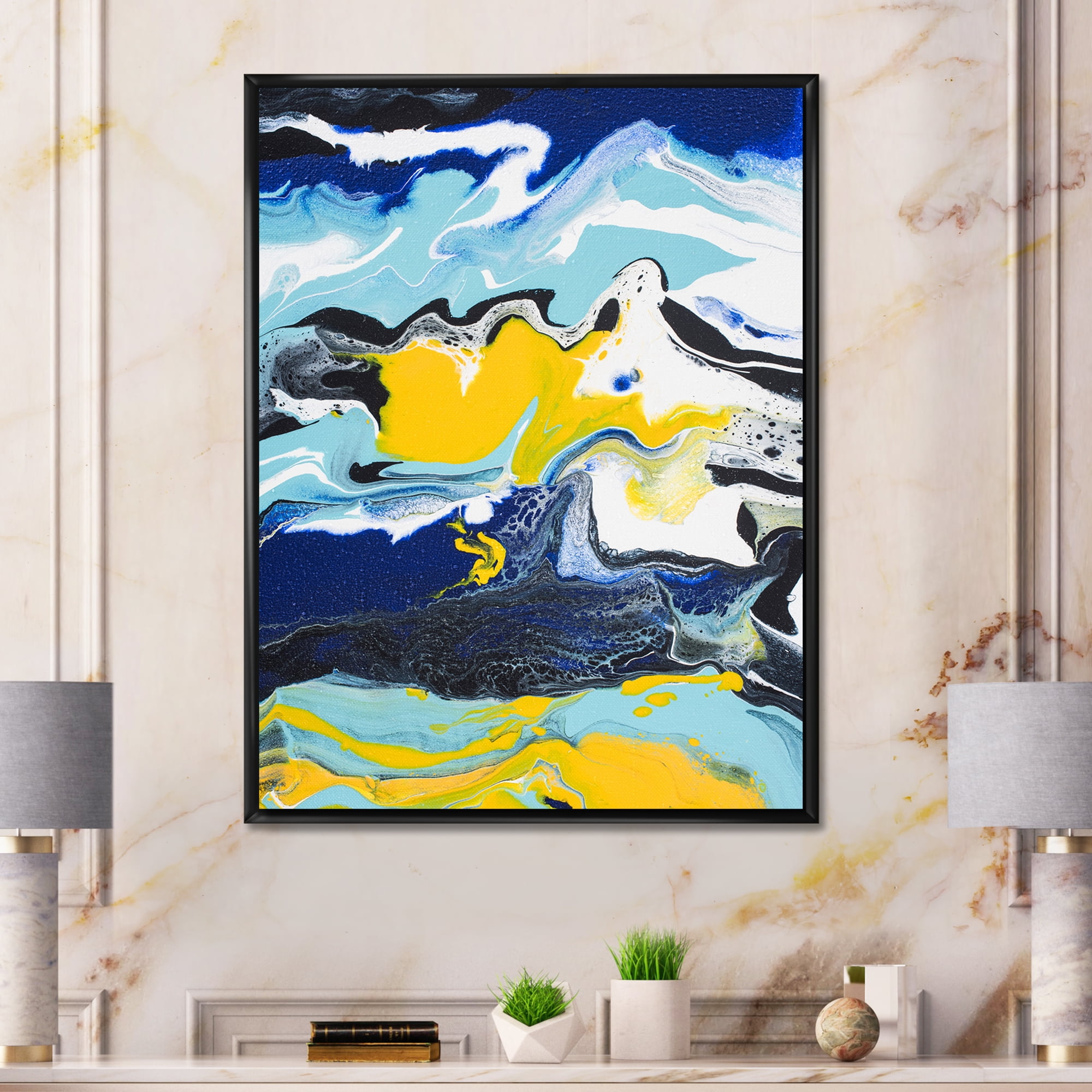 Designart 'Abstract Marble Composition In Blue and Yellow II' Modern Framed Canvas Wall Art Print