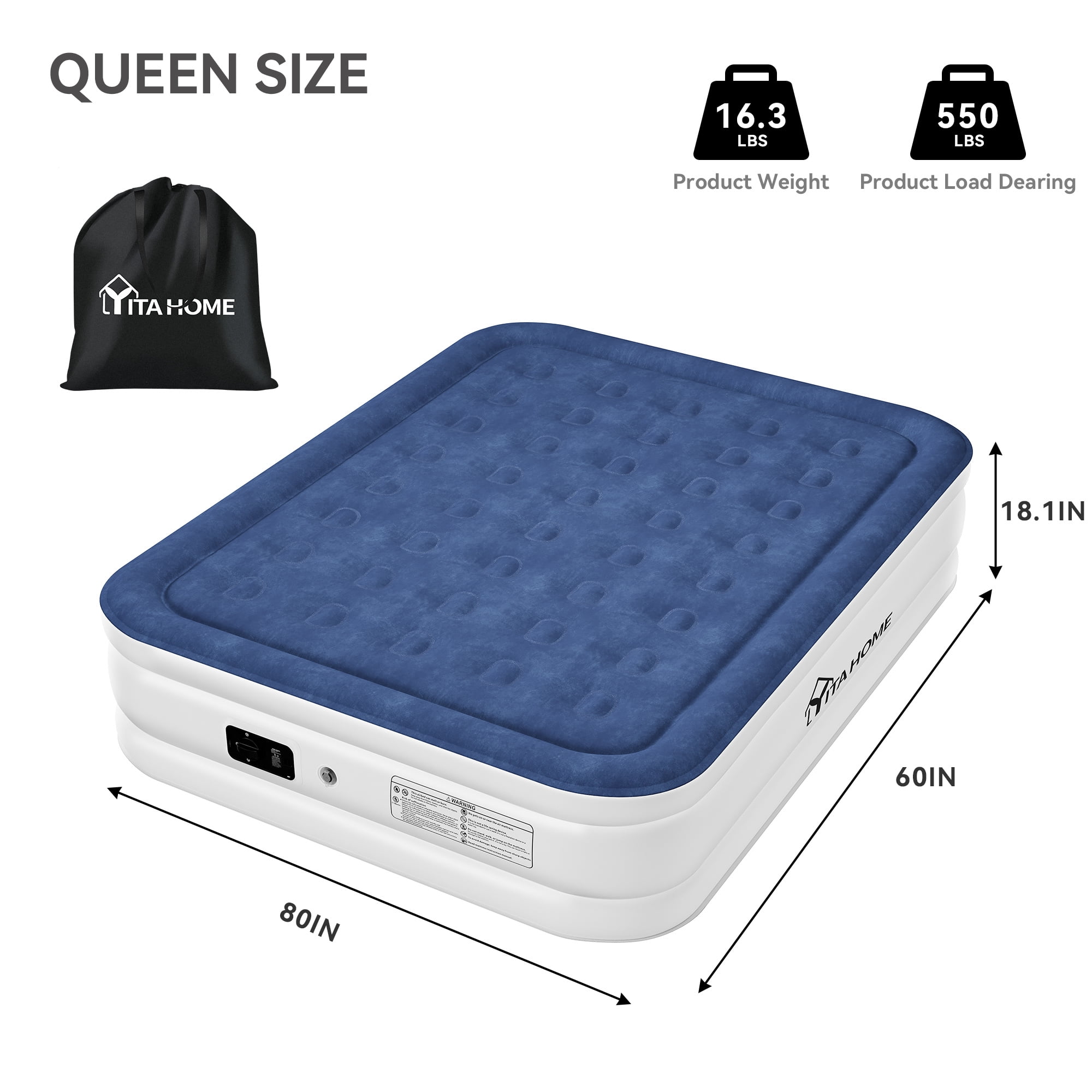 Uforic Queen Size Air Mattress with Integrated Pump, 18" Foldable Air Bed with Travel Bag, Luxury Raised Inflatable Mattresses, Ideal for Home, Travel & Camping  (Blue)