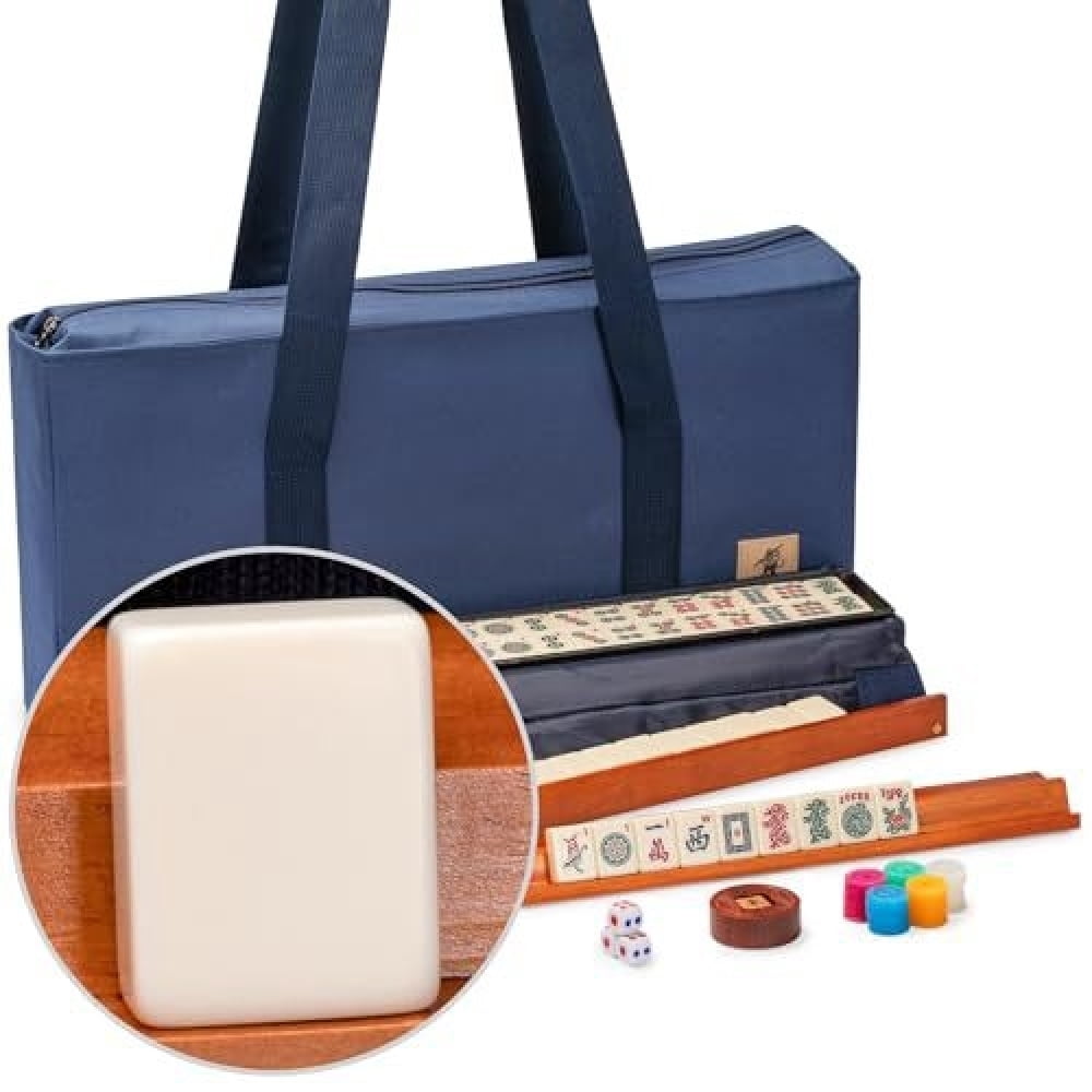 American Mahjong Set - 166 premium white mahjong tiles, 4 integrated tile holders/pushers, canvas bag