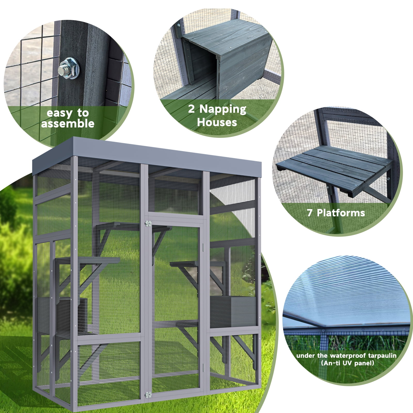 Catio Outdoor Cat Enclosure, large Indoor Wooden 70" Cat House cage with Waterproof Roof & Window Door for Multiple Cats, 2 Napping Houses & 6-Tier Playing Platforms, Gray