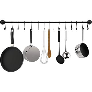 Auledio Hanging Pot Rack, Wall Mounted Pot and Pan Organizer Multipurpose Pots  Holder Kitchen Storage Shelf with 10 Hooks, Ideal for Pans Set, Utensils,  Cookware, Books, Household, Black 