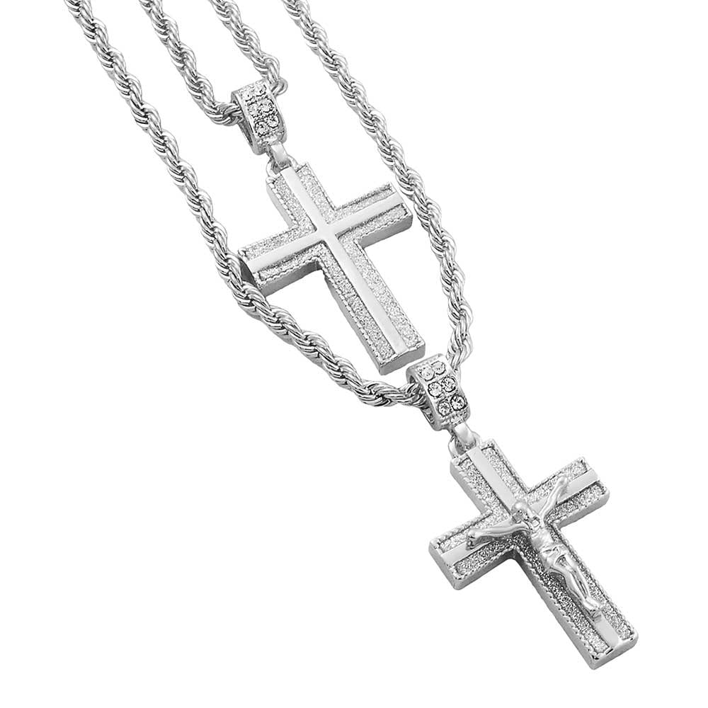 Hip Hop Alloy Cross Pendant Necklace Iced Out Rhinestone  Silver Tone Crucifix