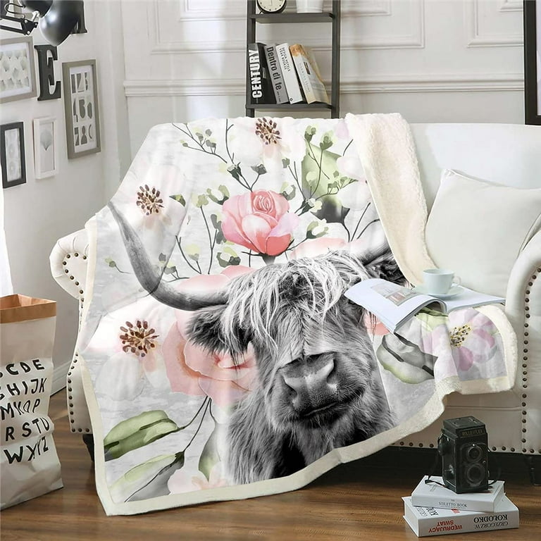 YST Highland Cattle Plush Bed Blanket Queen Size Cute Cow Flower
