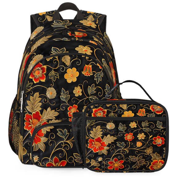 Herdesigns Gold Red Flowers Backpack with Lunch Box Retro Floral Lightweight Large Travel Work Laptop Backpacks Set Casual Daypacks
