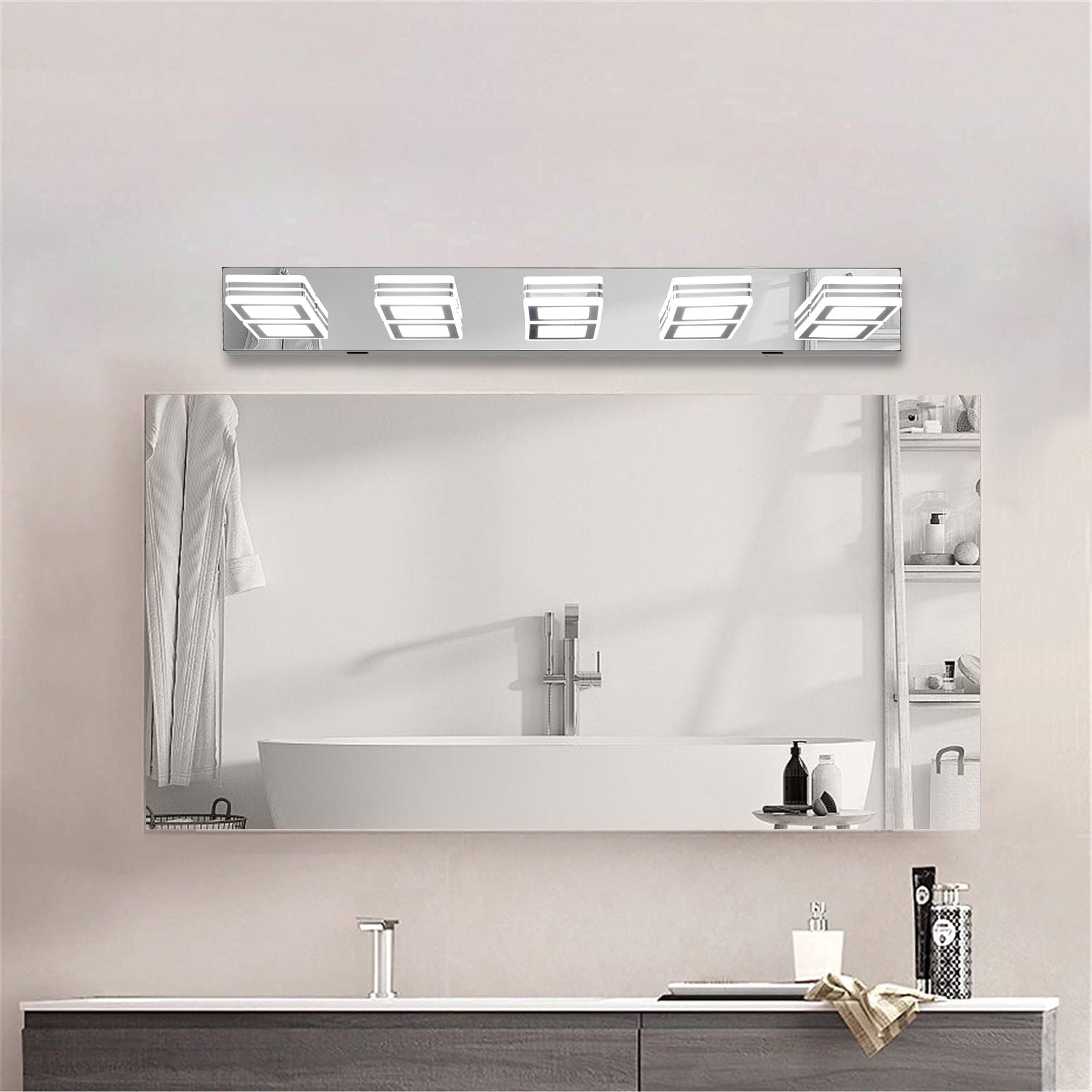 32" Modern Chrome 5-Light LED Vanity Light, Square Acrylic Lampshades Wall Mount Fixture for Bathroom, Mirror Lighting