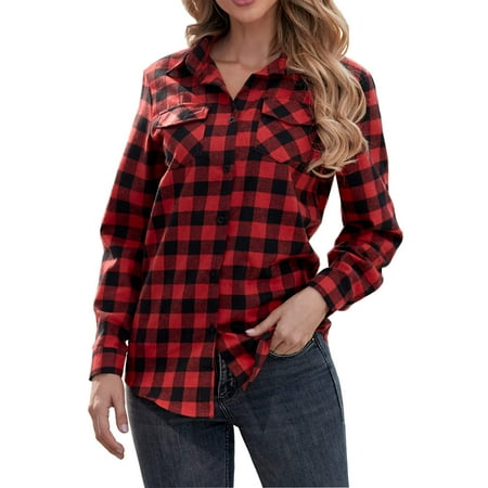 Oyamiki Women Casual Cuffed Long Sleeve Boyfriend Button Down Plaid Flannel  Shirt S-XXL : : Clothing, Shoes & Accessories