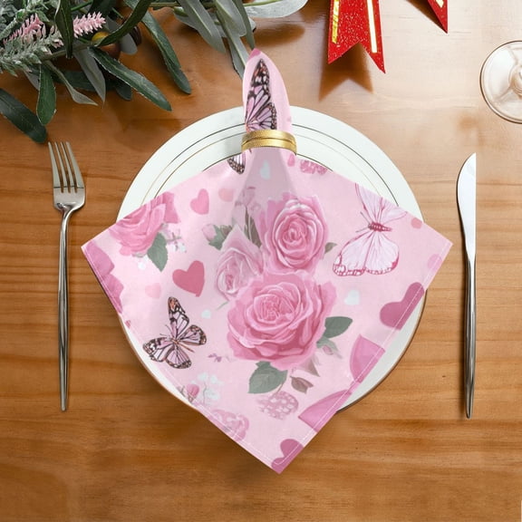20"x20" Satin Dinner Napkin Pink Roses and Butterflies Table Napkins for Wedding Birthday Restaurant Party Tableware Decoration 1 Pack