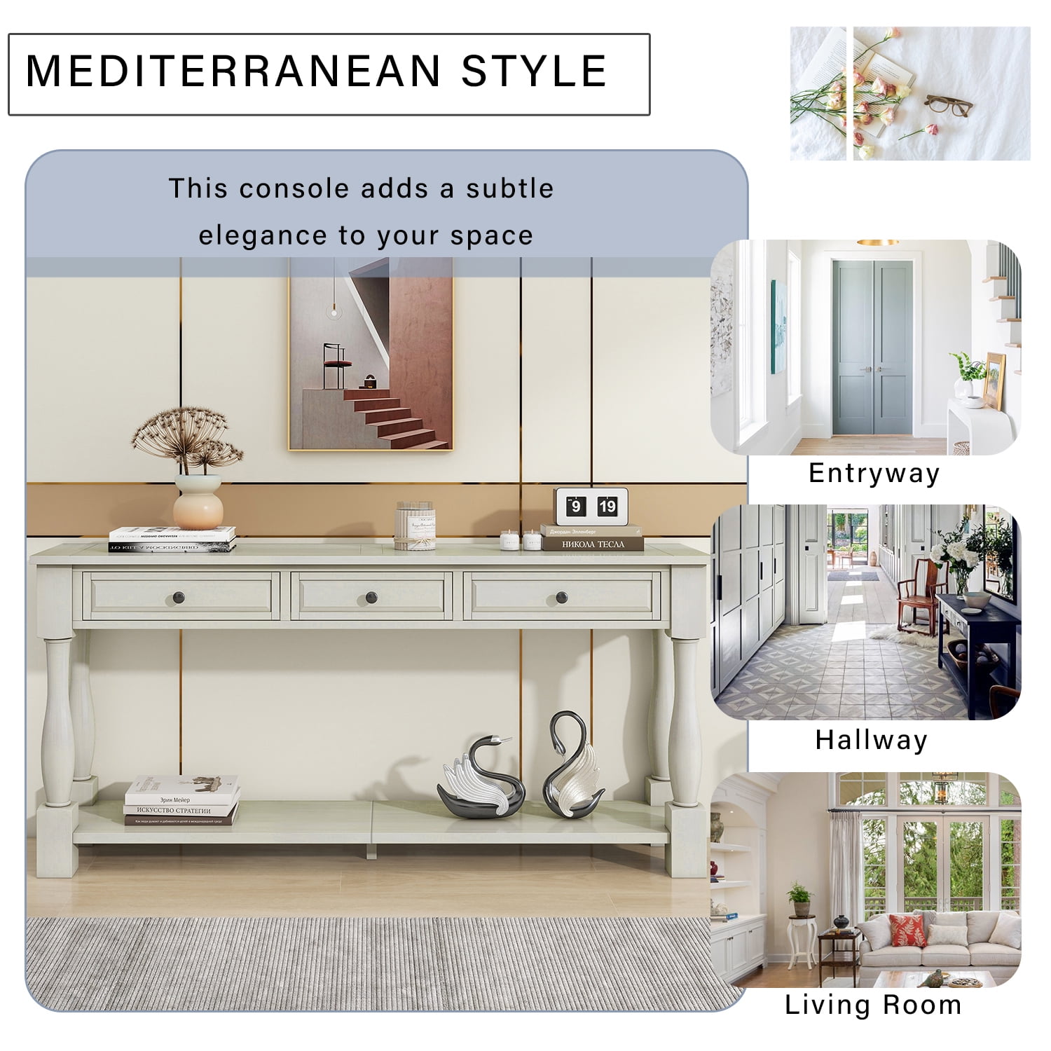 EUROCO 63" Console Table Sofa Table, Solid Wood Console Table with 3 Drawers and Bottom Shelf for for Entryway, Hallway, Living Room, Antique White
