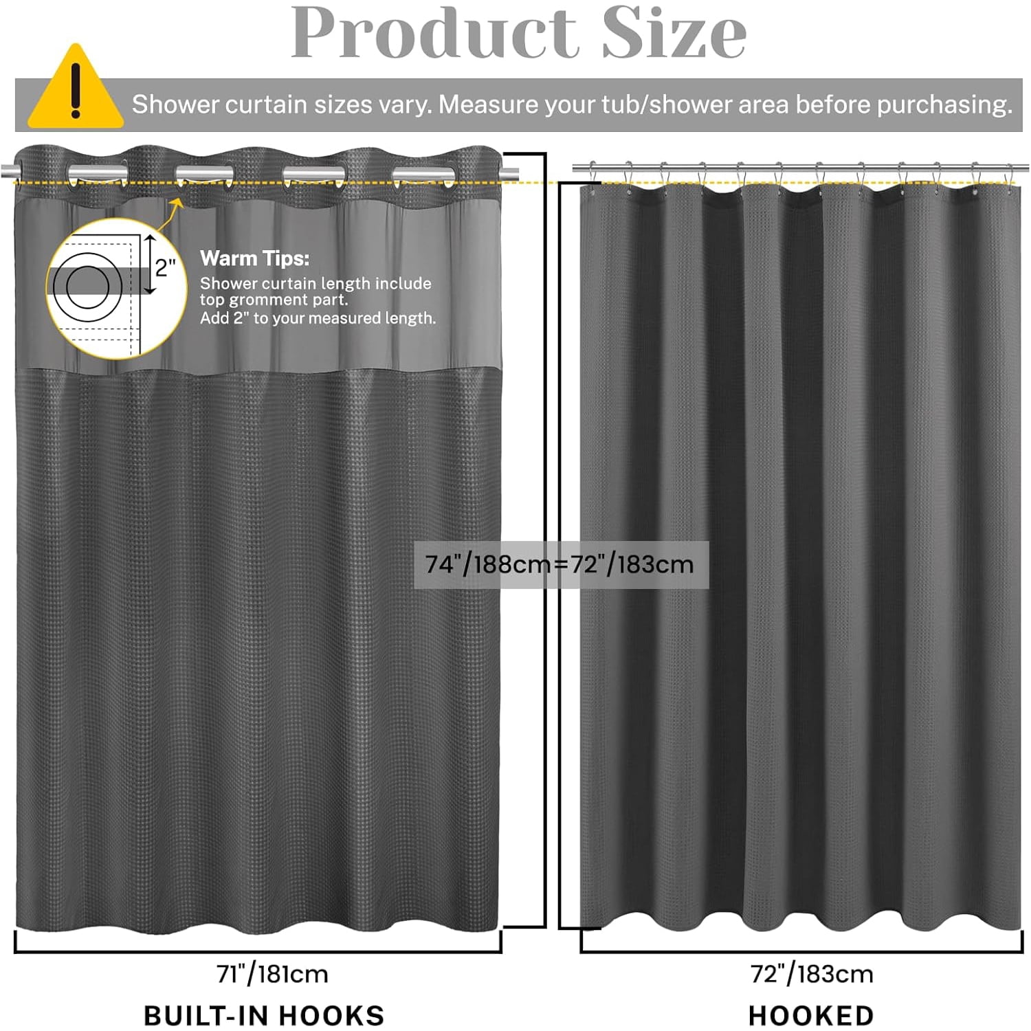 Waffle Weave Hookless Shower Curtain with Snap in Liner, DawnJoanHD Dark Grey Polyester Fabric Shower Curtains with See Through Top Window, 71" x 74"