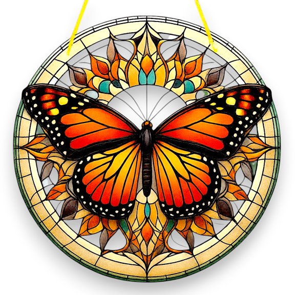 Monarch Butterfly Faux Stained Glass Window Hanging Decor Round Panel Ornament Suncatcher