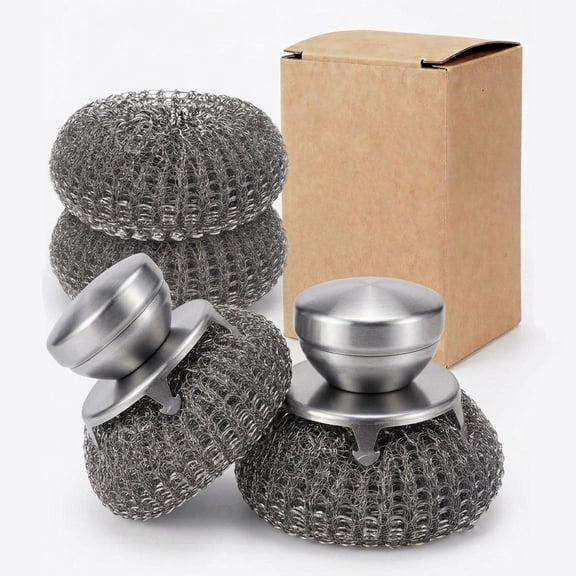 4 Pack Stainless Steel Wool Scrubber Pads with Handle for Kitchen Sink