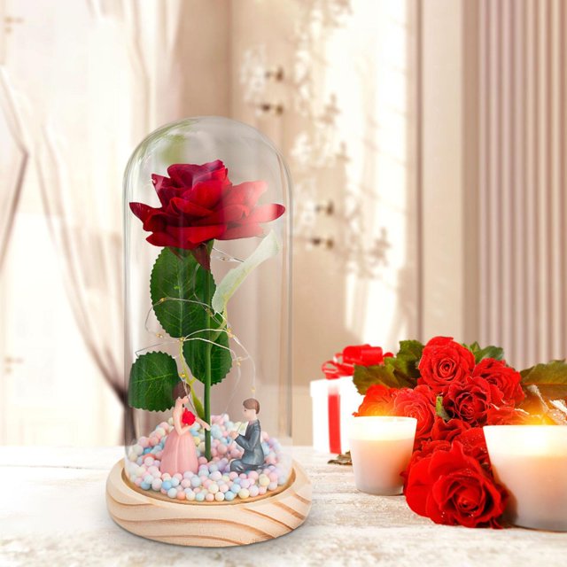 Regalos de flores de rosas, regalo del Día de San Valentín, adorno de mesa, luz de noche junto a la cama, flor de rosa Artificial para mujeres, mamá, , Propuesta Propuesta de base de madera Macarena luz de mesa