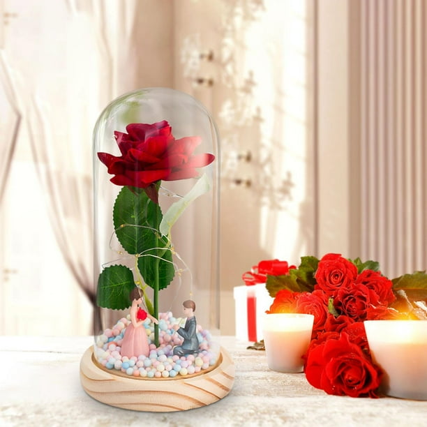 Los regalos de la flor de Rose iluminan la rosa en la cúpula de cristal Regalo del día de San Valentín Flor de rosa artificial para el amante , Propuesta de base Propuesta de base de madera BLESIY luz de mesa