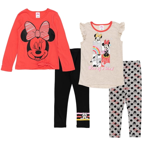 Disney Minnie Mouse Little Girls T-Shirt and Leggings 4 Piece Outfit Set Toddler to Big Kid
