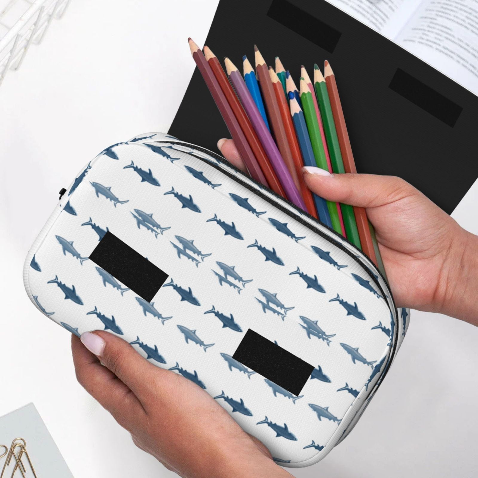 Rateoe Cute Shark Pattern Double Clamshell Pen Case, Storage Organizer with Two Zipper Compartments– Holds Up to 50 Pencils & Pens