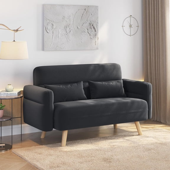 46" Compact Modern Loveseat Sofa with Wood Legs, Dark Gray Fabric 2 Seater Couch, Lumbar Pillows, Easy Assembly for Living Room, Bedroom, Dorm