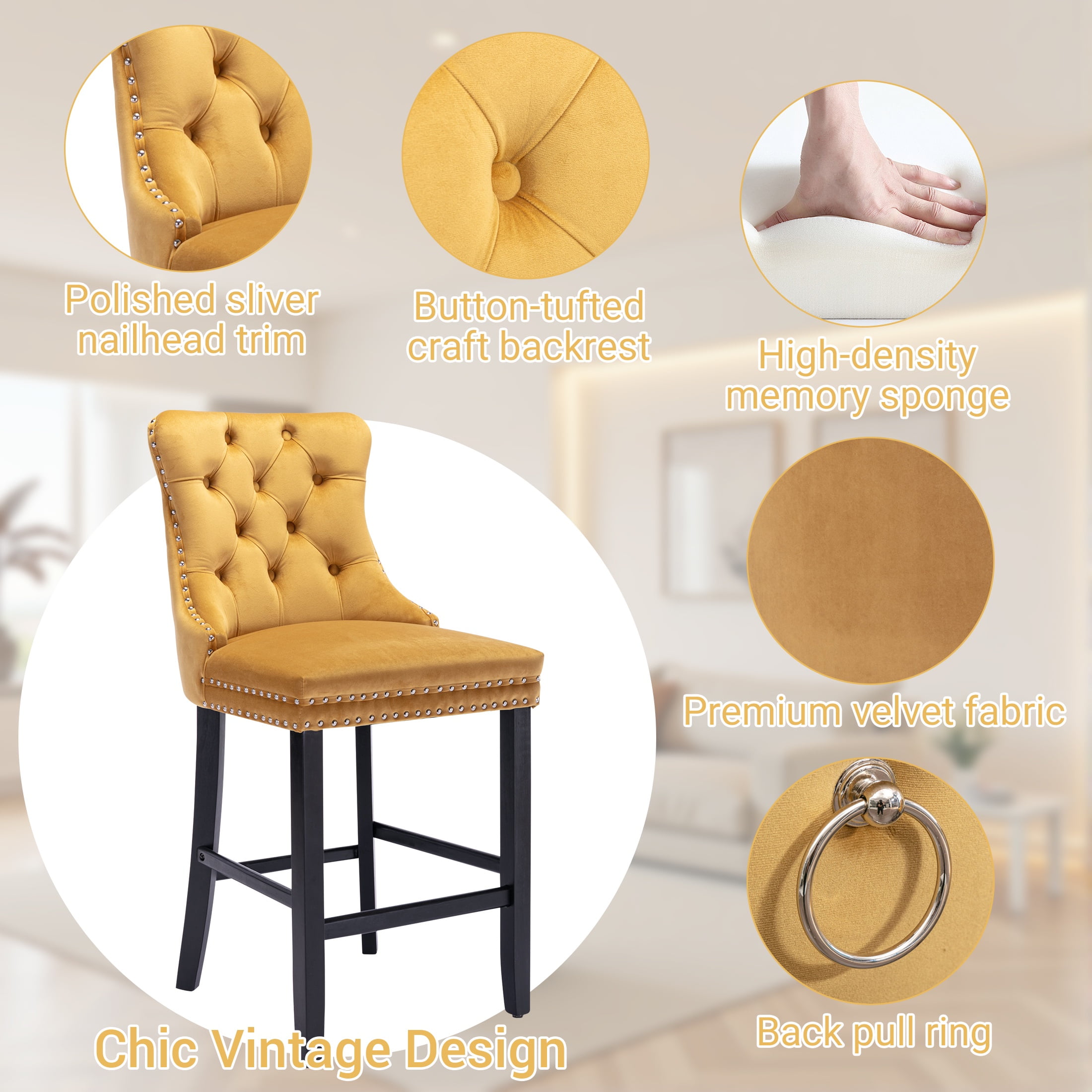 Paproos Upholstered Bar Stools Set of 2, Velvet Barstools with Wood Legs and Tufted, Modern Leisure Counter Height Bar Chairs with Chrome Nailhead Trim for Home Pub and Kitchen Island, Gold
