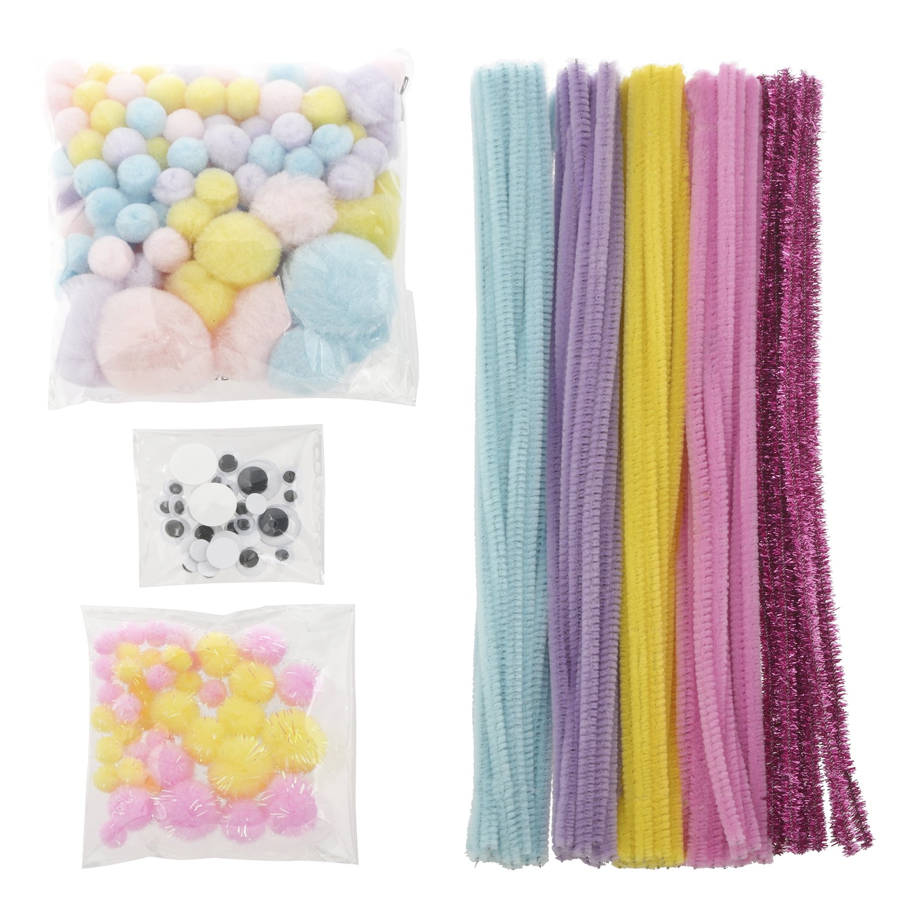 Pastel Craft Value Pack by Creatology – Assorted Pom Poms - Pipe Cleaners & Wiggle Eyes for Kids’ DIY Art Projects - 12 Pack