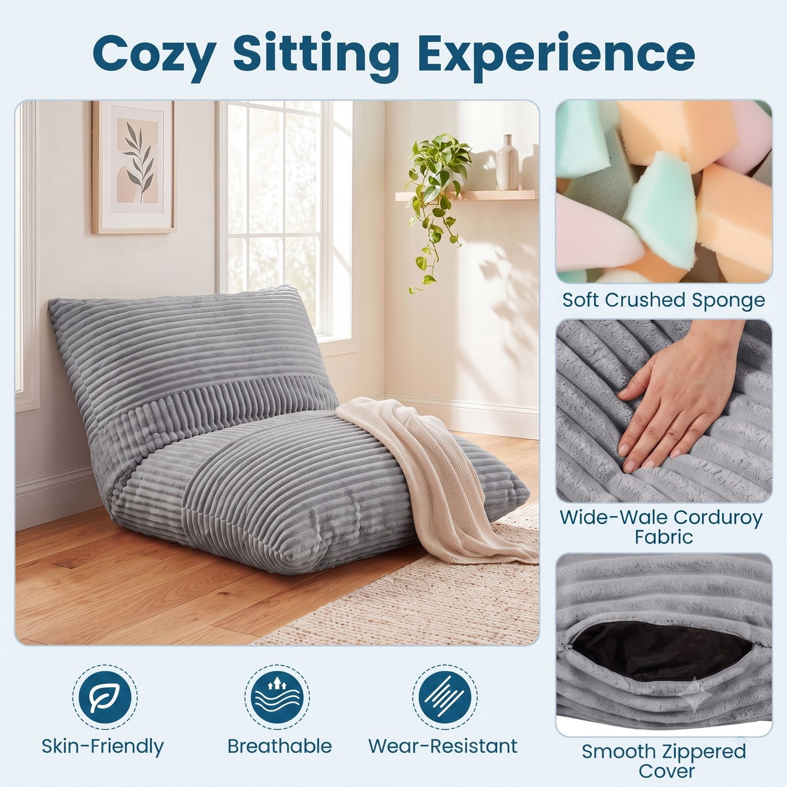 Furnibear 3-in-1 Large Bean Bag Chair, Convertible Corduroy Lounger Bed Sofa with Plush Sponge Fill and Washable Zippered Cover for Bedroom Dorm Living Room, Light Gray