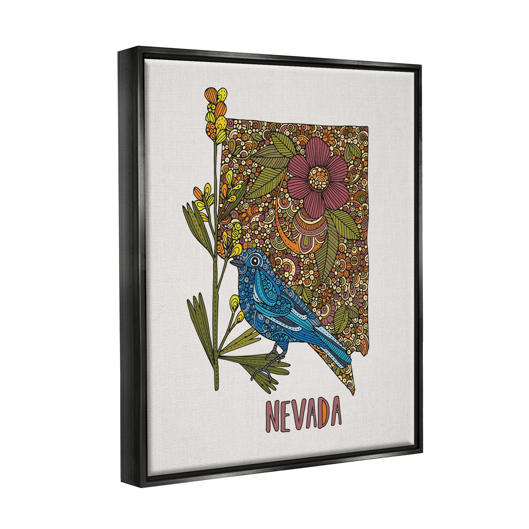 Stupell Industries Nevada Bluebird State Flower Intricate Botanical Pattern Graphic Art Jet Black Floating Framed Canvas Print Wall Art, Design by Valentina Harper