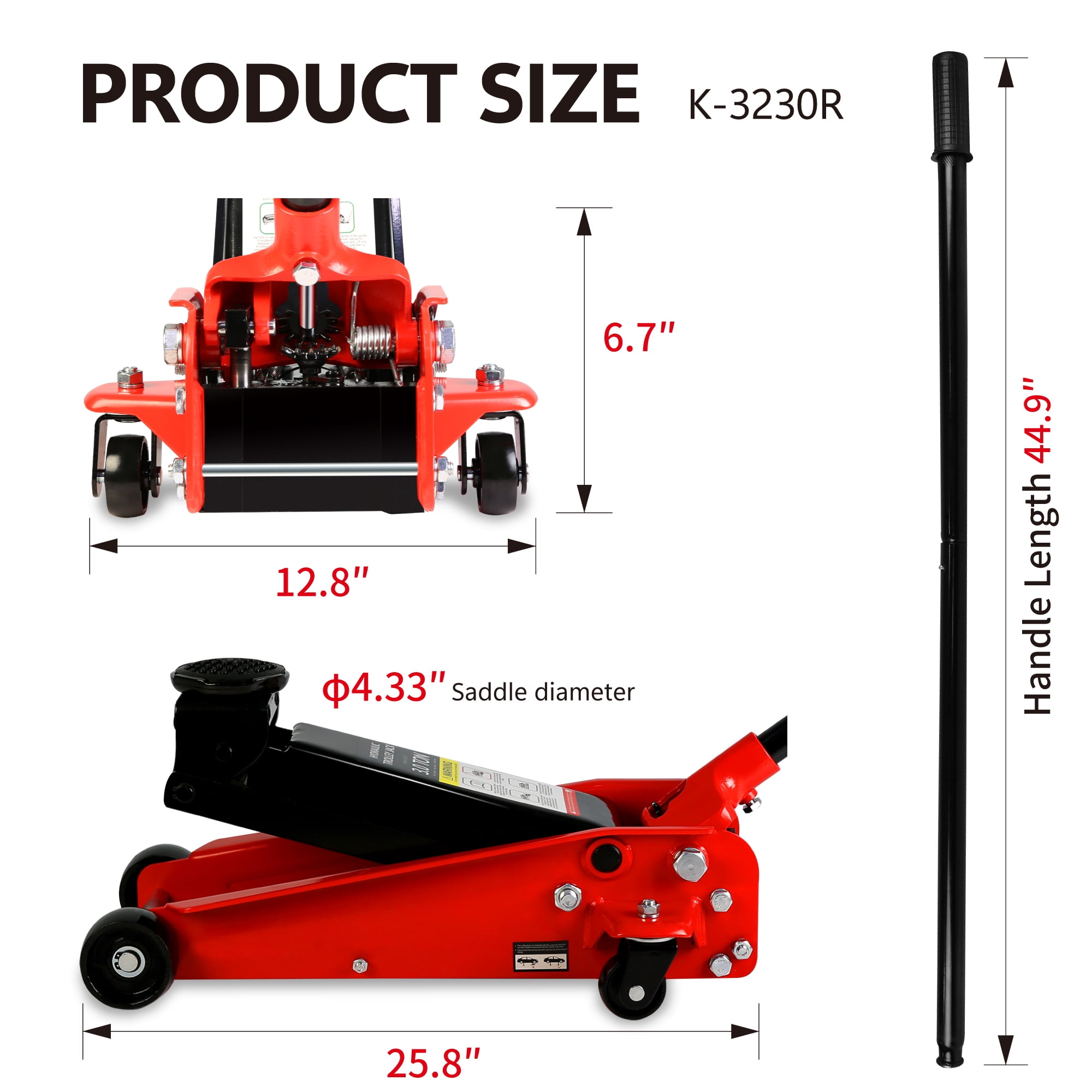 Aukfa Low Profile Floor Jack 3 Ton with Single Piston Quick Lift Pump,Floor Jack Lifting Range 5.1"-20",Red