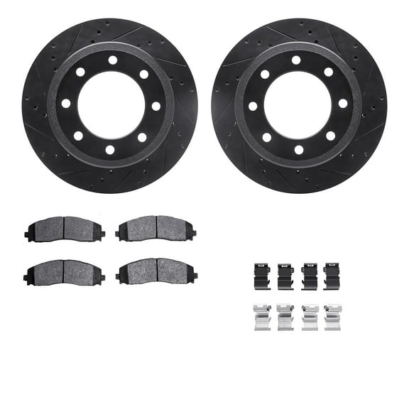 Dynamic Friction Company Rear Brake Rotors-Drilled and Slotted-Black with Ultimate Duty Performance Brake Pads includes Hardware 8412-54102