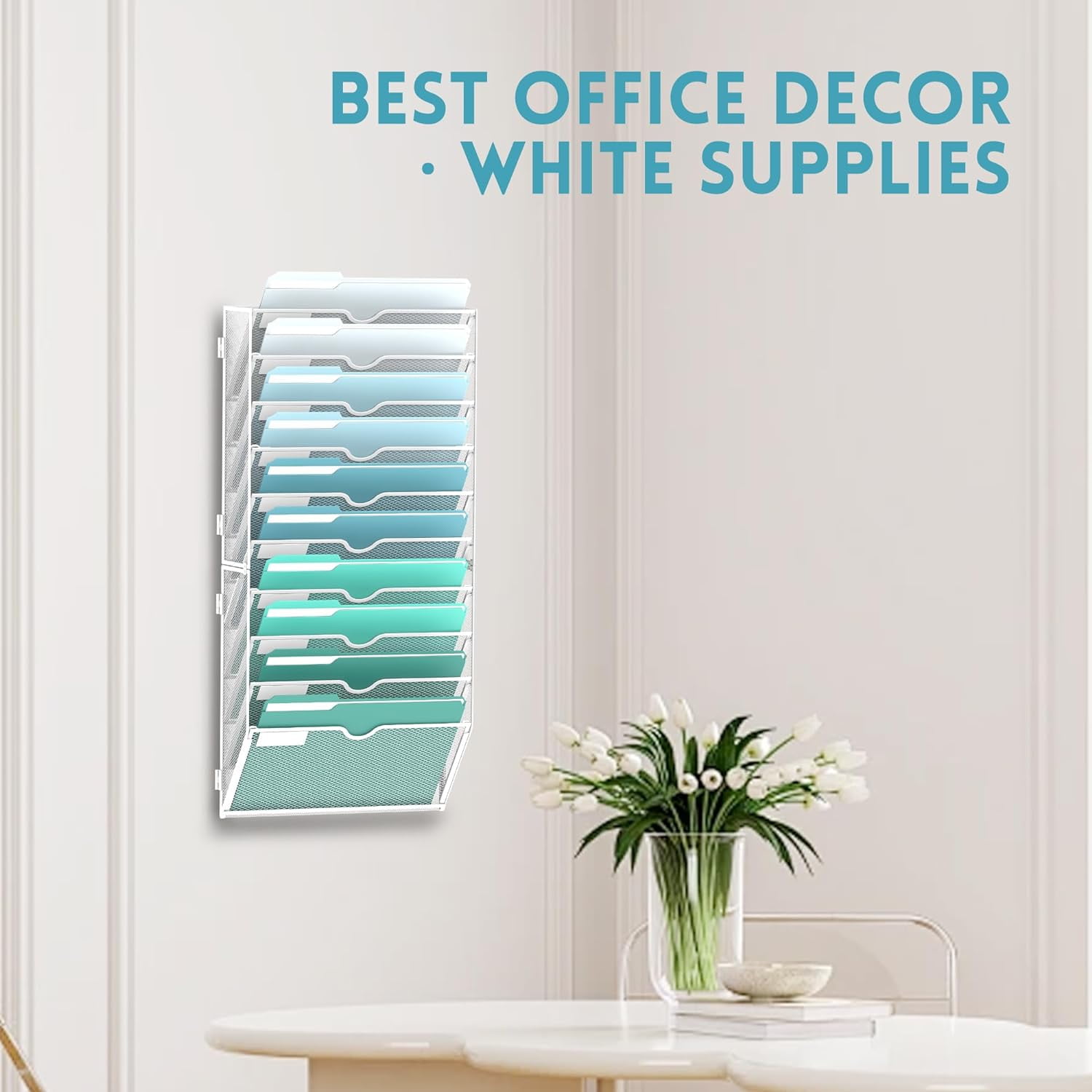 INTIGE 10-Tier Metal Wall File Organizer, Hanging Paper Organizer, White, Screw Mount