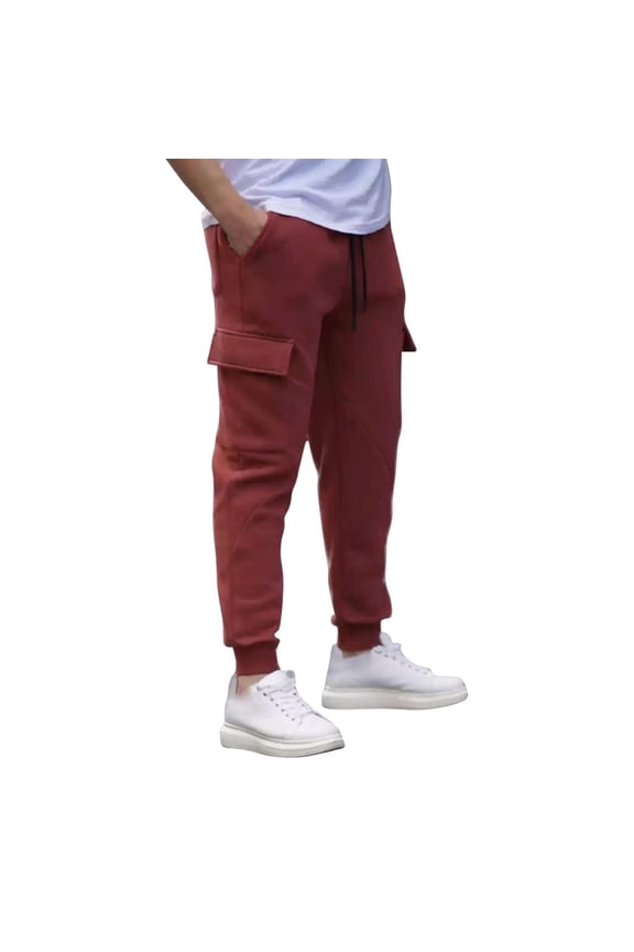 Mens Cargo Style Cuffed Ankle Drawstring Waist Elastic Waist Long Pants Drawstring Closure Zipper Pockets Button Loose Red M