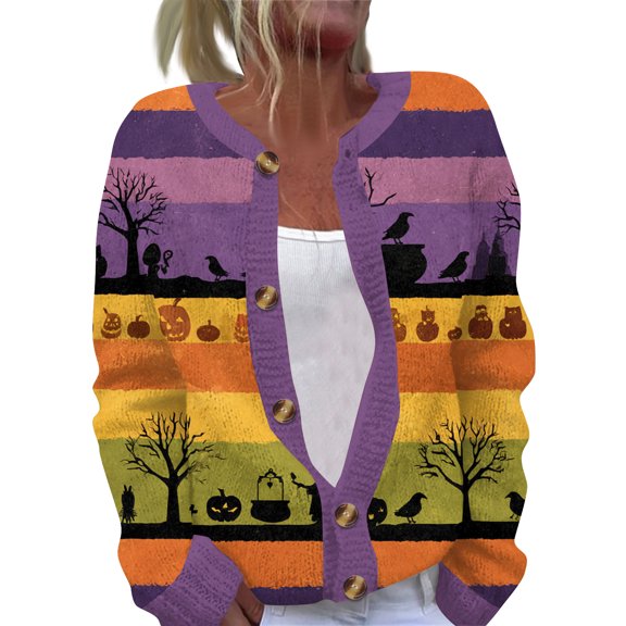 IYYVV Halloween Sweaters for Women 2026 Button Knit Cardigan Long Sleeve Ghost Graphic Cute Spooky Fall Winter Trendy Tops Purple M
