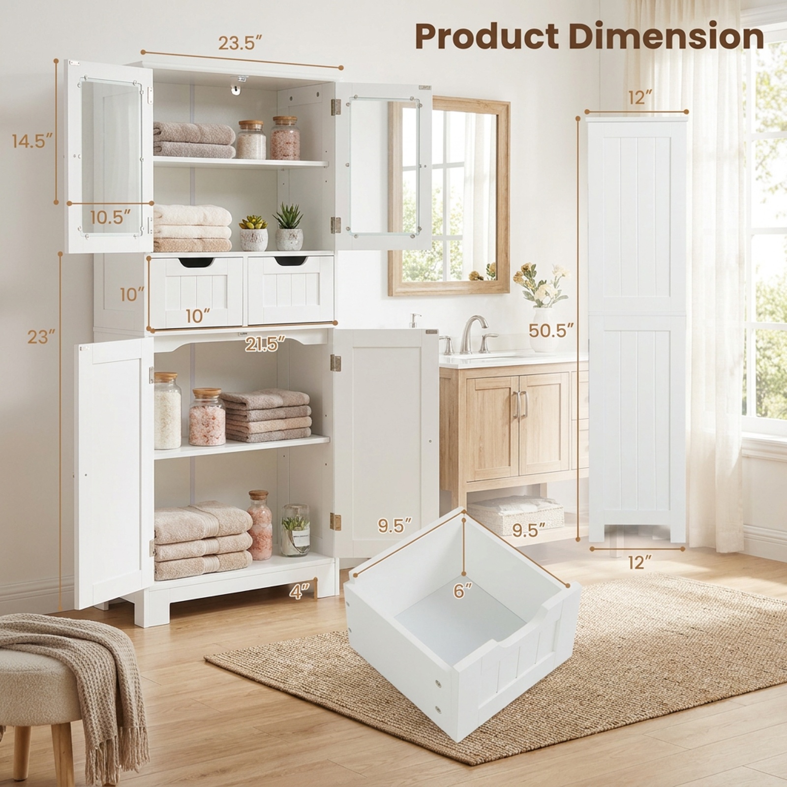 Vebreda Freestanding Bathroom Storage Cabinet, 4 Door Freestanding Bathroom Floor Storage Cabinet with 2 Drawers and Glass Doors