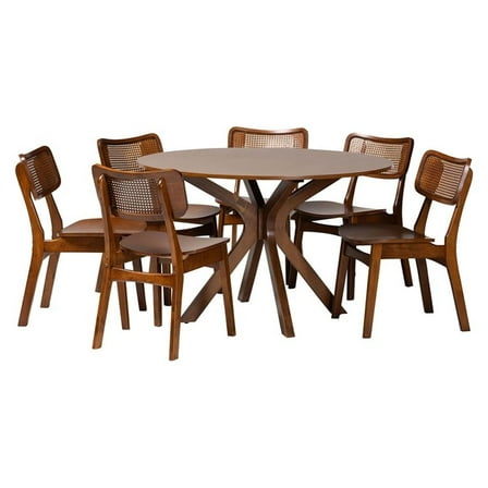 Pemberly Row Walnut Brown Finished Wood and Rattan 7-Piece Dining Set