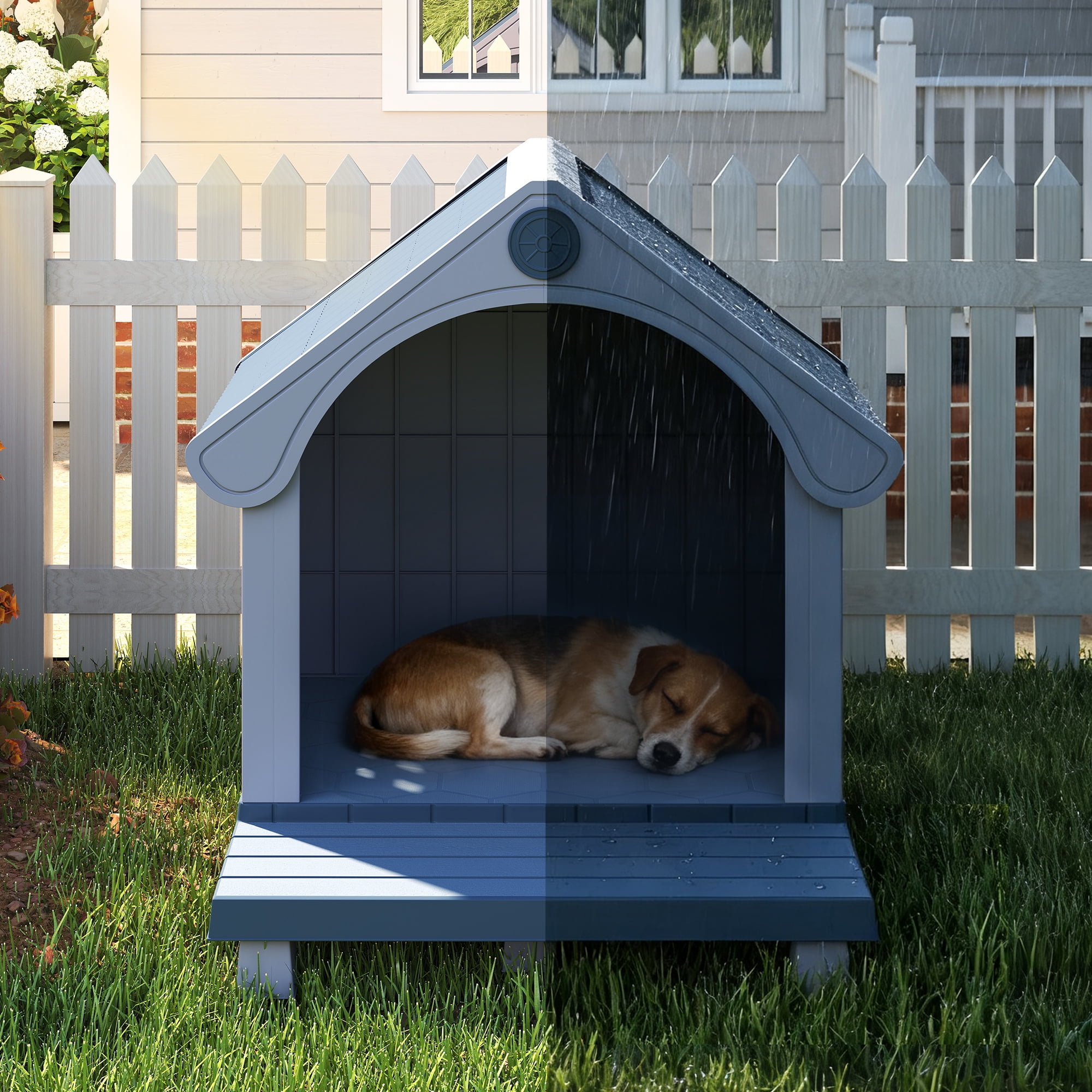 COZIWOW Large Weatherproof Elevated Plastic Dog House Pet Kennel Indoor Outdoor Cat House with Open Front